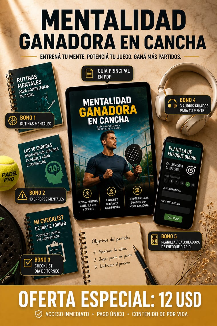 Mentalidad Ganadora en Cancha: guía en PDF, 3 audios guiados, checklist de torneo y bonus - oferta 12 USD