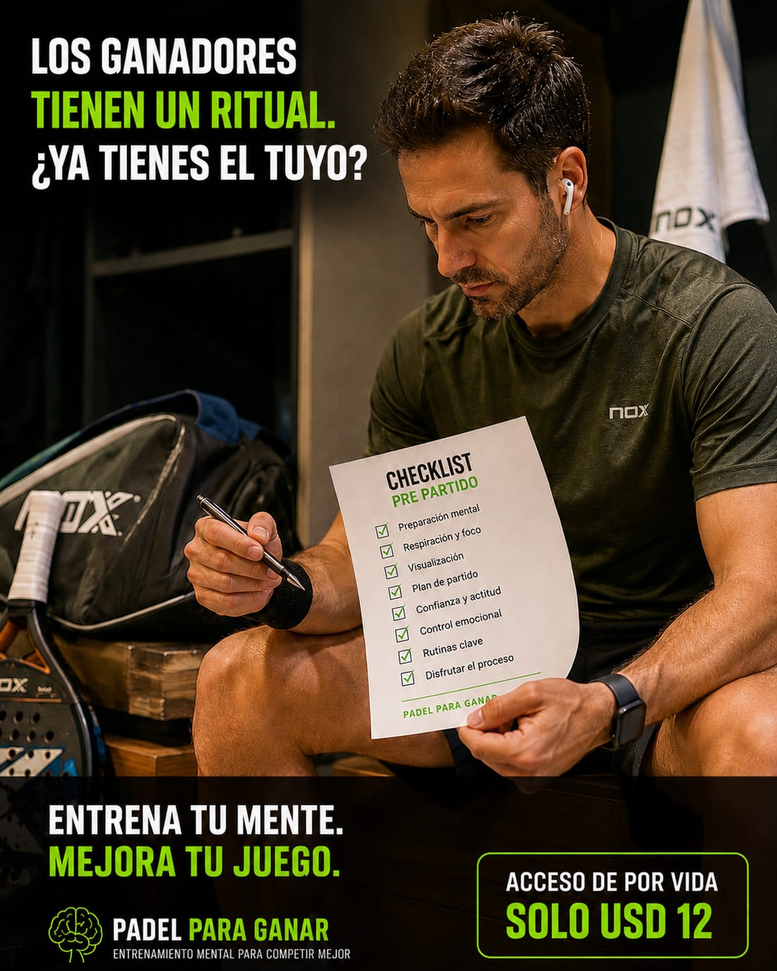 Los ganadores tienen un ritual: checklist pre-partido Padel Para Ganar, acceso de por vida por 12 USD